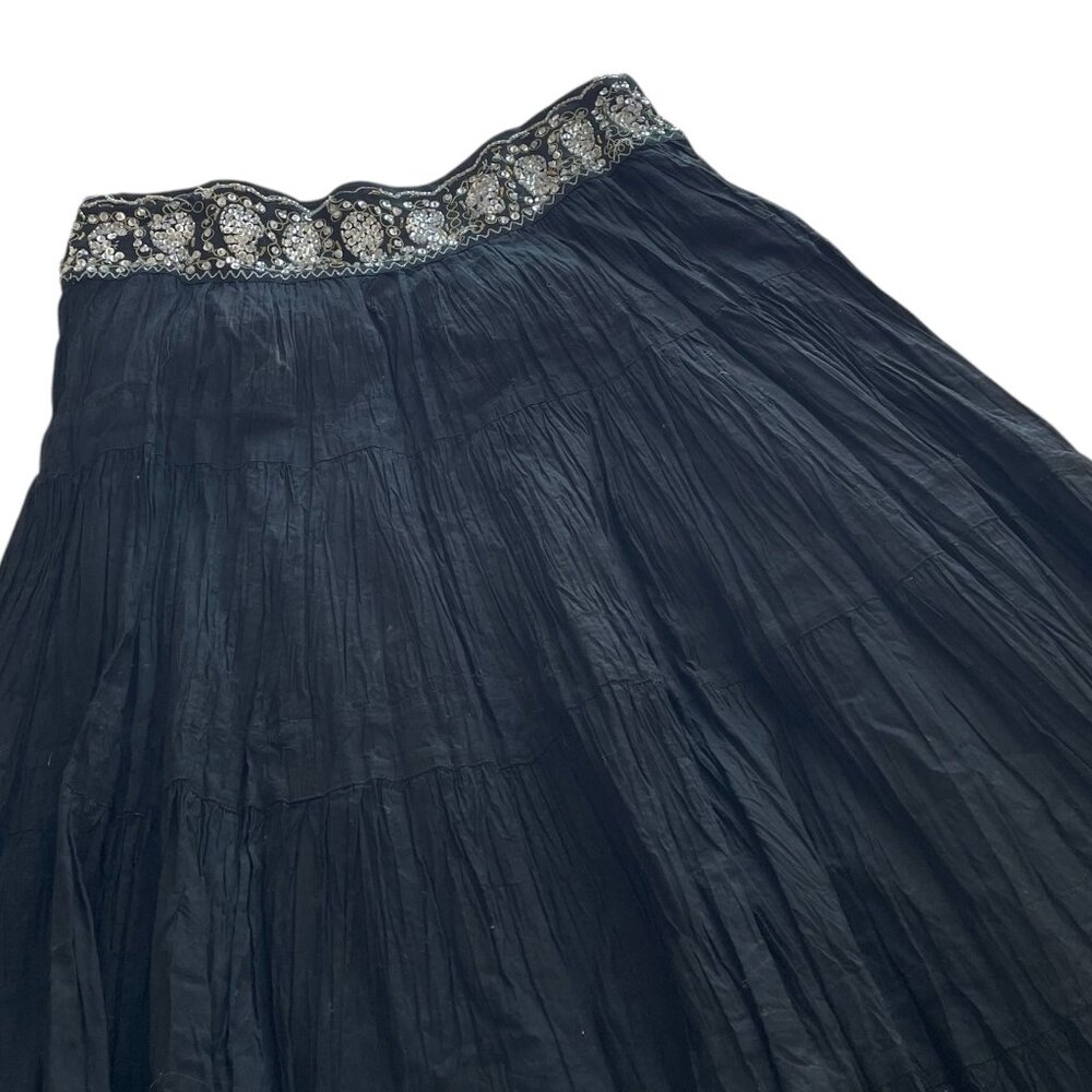Vintage Y2K BCBG Broomstick Tiered Maxi Skirt S Black Beaded Bohemian Whimsygoth